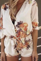 Floral Loose Chiffon Summer Jumpsuit for Women - Sexy V Neck Plus Size High Waist Romper Playsuit