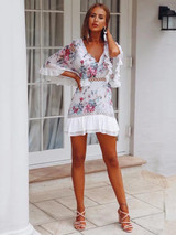 Boho Chic Floral Mini Dress with Hollow Batwing Sleeves - Perfect for Summer Style