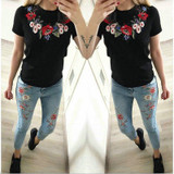 Floral Embroidery Summer T-Shirt for Women - 2023 Trendy High Cotton Casual Tee, Short Sleeve Stretch Knitwear Autumn Top