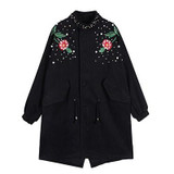 Women's Floral Embroidered Spring Bomber Jacket - Vintage Long Windbreaker Coat with Rivet Pearl Zipper Outwear