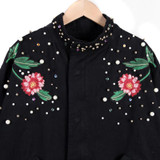 Women's Floral Embroidered Spring Bomber Jacket - Vintage Long Windbreaker Coat with Rivet Pearl Zipper Outwear