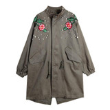 Women's Floral Embroidered Spring Bomber Jacket - Vintage Long Windbreaker Coat with Rivet Pearl Zipper Outwear