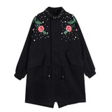 Women's Floral Embroidered Spring Bomber Jacket - Vintage Long Windbreaker Coat with Rivet Pearl Zipper Outwear