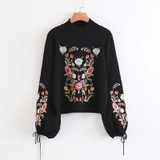 Floral Embroidery Harajuku Vintage Sweatshirt for Women - Stylish Black Pullover with Drawstring Cuffs for Autumn & Winter Fashion 2023