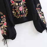 Floral Embroidery Harajuku Vintage Sweatshirt for Women - Stylish Black Pullover with Drawstring Cuffs for Autumn & Winter Fashion 2023
