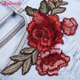 High Waisted Floral Embroidery Denim Shorts for Women - Cut Out Ripped Summer Jean Shorts with Roll Up Cuffs