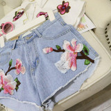 Embroidered Floral Denim Shorts for Women - Light Blue Casual Summer Jean Shorts with Flower Design