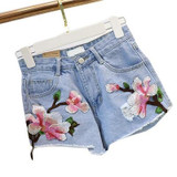 Embroidered Floral Denim Shorts for Women - Light Blue Casual Summer Jean Shorts with Flower Design