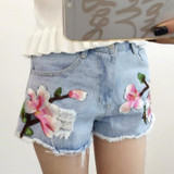 Embroidered Floral Denim Shorts for Women - Light Blue Casual Summer Jean Shorts with Flower Design