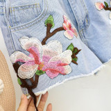 Embroidered Floral Denim Shorts for Women - Light Blue Casual Summer Jean Shorts with Flower Design