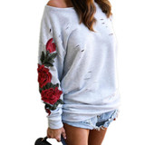 Stylish Black Floral Embroidery Sweatshirt for Women - Sexy Off-Shoulder Hollow Out Design, Casual Ripped Hoodie Tracksuit