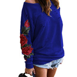 Stylish Black Floral Embroidery Sweatshirt for Women - Sexy Off-Shoulder Hollow Out Design, Casual Ripped Hoodie Tracksuit
