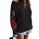 Stylish Black Floral Embroidery Sweatshirt for Women - Sexy Off-Shoulder Hollow Out Design, Casual Ripped Hoodie Tracksuit