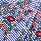 Embroidered Floral Cotton Blouse for Women - Stylish Striped Long Sleeve Blue Shirt Perfect for Casual Wear - Blusa Feminina S992
