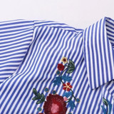 Embroidered Floral Cotton Blouse for Women - Stylish Striped Long Sleeve Blue Shirt Perfect for Casual Wear - Blusa Feminina S992
