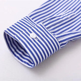Stylish Floral Embroidery Cotton Blouse for Women - Blue Striped Long Sleeve Shirt with Turn-Down Collar