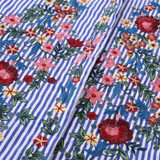 Stylish Floral Embroidery Cotton Blouse for Women - Blue Striped Long Sleeve Shirt with Turn-Down Collar