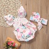 Floral Newborn Baby Girl Romper Set - Summer Ruffled Sleeve Bodysuit Jumpsuit with Headband - 2-Piece Sunsuit Outfit
