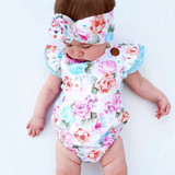 Floral Newborn Baby Girl Romper Set - Summer Ruffled Sleeve Bodysuit Jumpsuit with Headband - 2-Piece Sunsuit Outfit