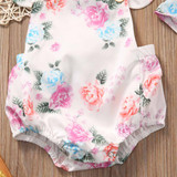 Floral Newborn Baby Girl Romper Set - Summer Ruffled Sleeve Bodysuit Jumpsuit with Headband - 2-Piece Sunsuit Outfit