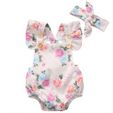 Floral Newborn Baby Girl Romper Set - Summer Ruffled Sleeve Bodysuit Jumpsuit with Headband - 2-Piece Sunsuit Outfit