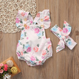 Floral Newborn Baby Girl Romper Set - Summer Ruffled Sleeve Bodysuit Jumpsuit with Headband - 2-Piece Sunsuit Outfit