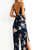 Floral Print Backless Wide Leg Jumpsuit with Split Sides for Trendy Summer Style