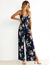 Floral Print Backless Wide Leg Jumpsuit with Split Sides for Trendy Summer Style