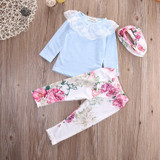 Adorable Floral Baby Girl Outfit Set - Long Sleeve Lace T-Shirt, Pants & Cotton Headband - 3-Piece Casual Wear for Infants