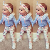 Adorable Floral Baby Girl Outfit Set - Long Sleeve Lace T-Shirt, Pants & Cotton Headband - 3-Piece Casual Wear for Infants