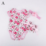 Adorable Floral Baby Girl 3-Piece Outfit Set – Cotton Short Sleeve Romper, Matching Headband, and Shoes for Birthday Celebrations