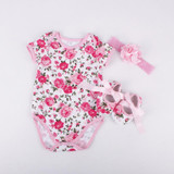 Adorable Floral Baby Girl 3-Piece Outfit Set – Cotton Short Sleeve Romper, Matching Headband, and Shoes for Birthday Celebrations