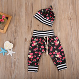 Adorable Floral Autumn Outfit for Baby Girls - 3PCS Toddler Romper, Long Pants & Hat Set