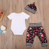 Adorable Floral Autumn Outfit for Baby Girls - 3PCS Toddler Romper, Long Pants & Hat Set