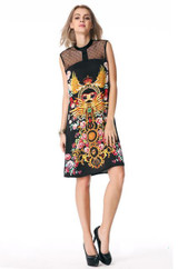 FINEJO Vintage 3D Print Sleeveless Summer Dress with Mysterious Totem Design - Stylish Hollow Out Patchwork Vestidos for a Sexy Loose Fit