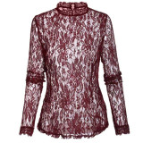 FINEJO Plus Size Sexy Slim Lace Hollow Out Black Blouse for Women - Long Sleeve Stand Collar Fashion Top