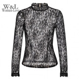 FINEJO Plus Size Sexy Slim Lace Hollow Out Black Blouse for Women - Long Sleeve Stand Collar Fashion Top
