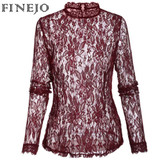 FINEJO Plus Size Sexy Slim Lace Hollow Out Black Blouse for Women - Long Sleeve Stand Collar Fashion Top