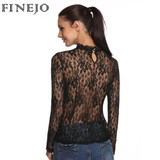 FINEJO Plus Size Sexy Slim Lace Hollow Out Black Blouse for Women - Long Sleeve Stand Collar Fashion Top