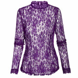 FINEJO Plus Size Sexy Slim Lace Hollow Out Black Blouse for Women - Long Sleeve Stand Collar Fashion Top