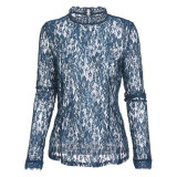 FINEJO Plus Size Sexy Slim Lace Hollow Out Black Blouse for Women - Long Sleeve Stand Collar Fashion Top