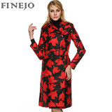 FINEJO Women's Double Breasted Long Trench Coat - Stylish Windbreaker with Belt and Turned-Down Collar, Chic Printed Design for All Seasons