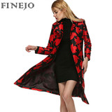 FINEJO Women's Double Breasted Long Trench Coat - Stylish Windbreaker with Belt and Turned-Down Collar, Chic Printed Design for All Seasons