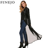 FINEJO Plus Size Women's Genuine Leather Long Overcoat with Detachable Chiffon Hem - Stylish Autumn Rock Cool Full Sleeve Jacket