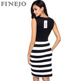 FINEJO Summer 2017 Women's Sexy Deep V Neck Bodycon Dress - Stylish Sleeveless High Waist Stripe Party Dress