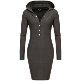 FINEJO Plus Size 3XL Autumn Hooded Bodycon Dress for Women - Sexy Long Sleeve V Neck Cotton Pencil Dress for Casual and Party Wear