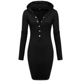 FINEJO Plus Size 3XL Autumn Hooded Bodycon Dress for Women - Sexy Long Sleeve V Neck Cotton Pencil Dress for Casual and Party Wear