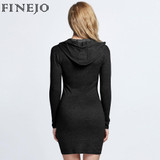 FINEJO Plus Size 3XL Autumn Hooded Bodycon Dress for Women - Sexy Long Sleeve V Neck Cotton Pencil Dress for Casual and Party Wear