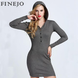 FINEJO Plus Size 3XL Autumn Hooded Bodycon Dress for Women - Sexy Long Sleeve V Neck Cotton Pencil Dress for Casual and Party Wear