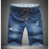 FGKKS 2017 Summer Style Men Short Jeans Brand Cotton Straight Ripped Holes Knee Length Shorts Jean Elastic Denim Shorts